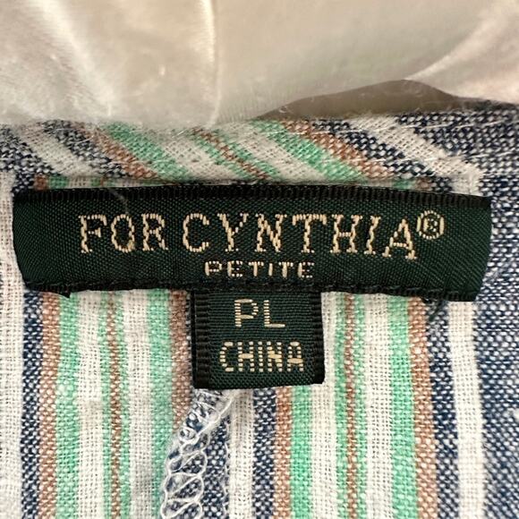FOR CYNTHIA | Petite Blue Striped Linen Cotton Tie Front Button Blouse | Large - Picture 6 of 7